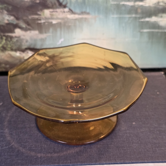 Vintage Amber Glass Octagon Pedestal Dish 5” Candy Bowl Trinket Catchall Retro - Picture 7 of 15